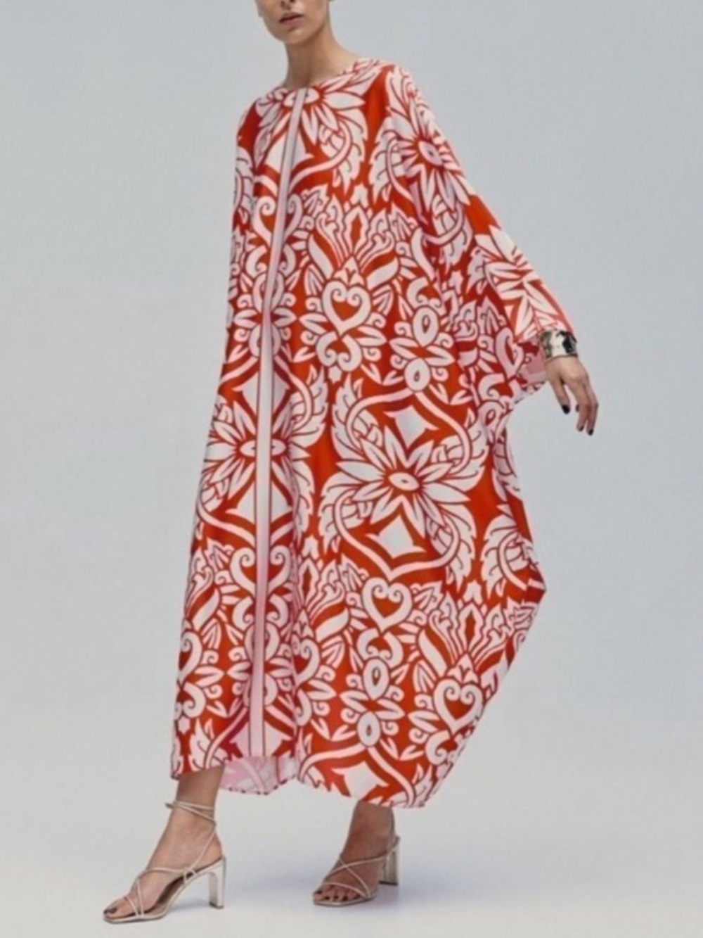 H&M Red White Paisley Floral Print Silky Kaftan Dress